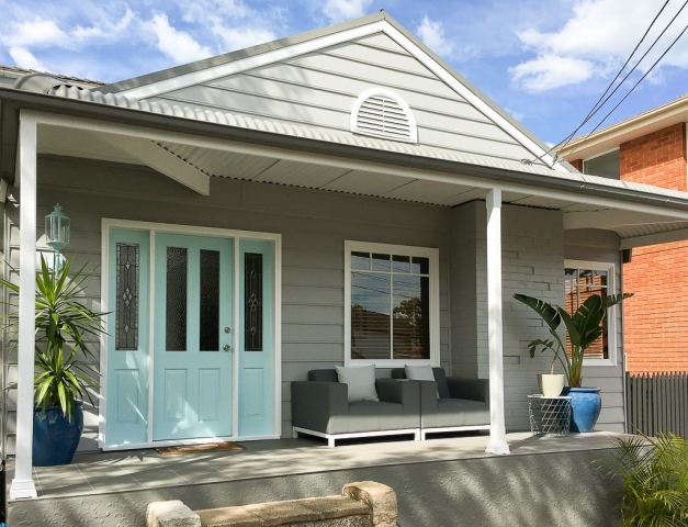 Collaroy Weatherboard Cottage Exterior Contemporary grey colour scheme Grey and white colour scheme Cottage makeover Tiffany blue door Fence colours Exterior colour scheme Flow Colour and Design Colour Consulting Exterior colours