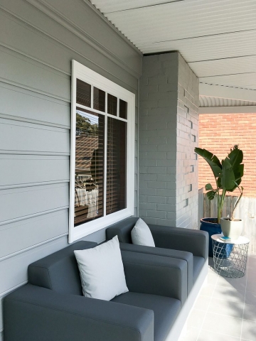 Collaroy Weatherboard Cottage Exterior Contemporary grey colour scheme Grey and white colour scheme Cottage makeover Tiffany blue door Fence colours Exterior colour scheme Flow Colour and Design Colour Consulting Exterior colours